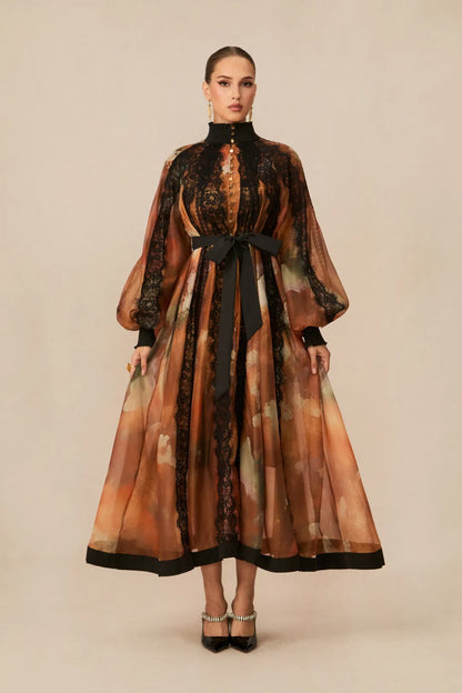 Alluring - Orange Lace-Panel Midi Dress