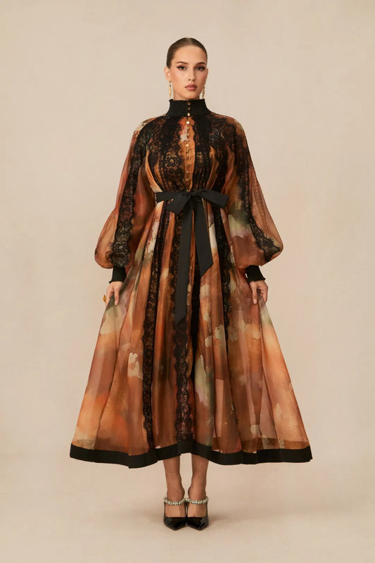 Alluring - Orange Lace-Panel Midi Dress