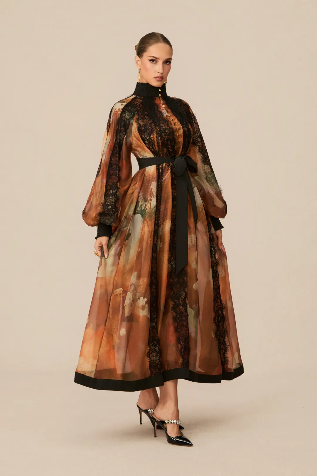 Alluring - Orange Lace-Panel Midi Dress