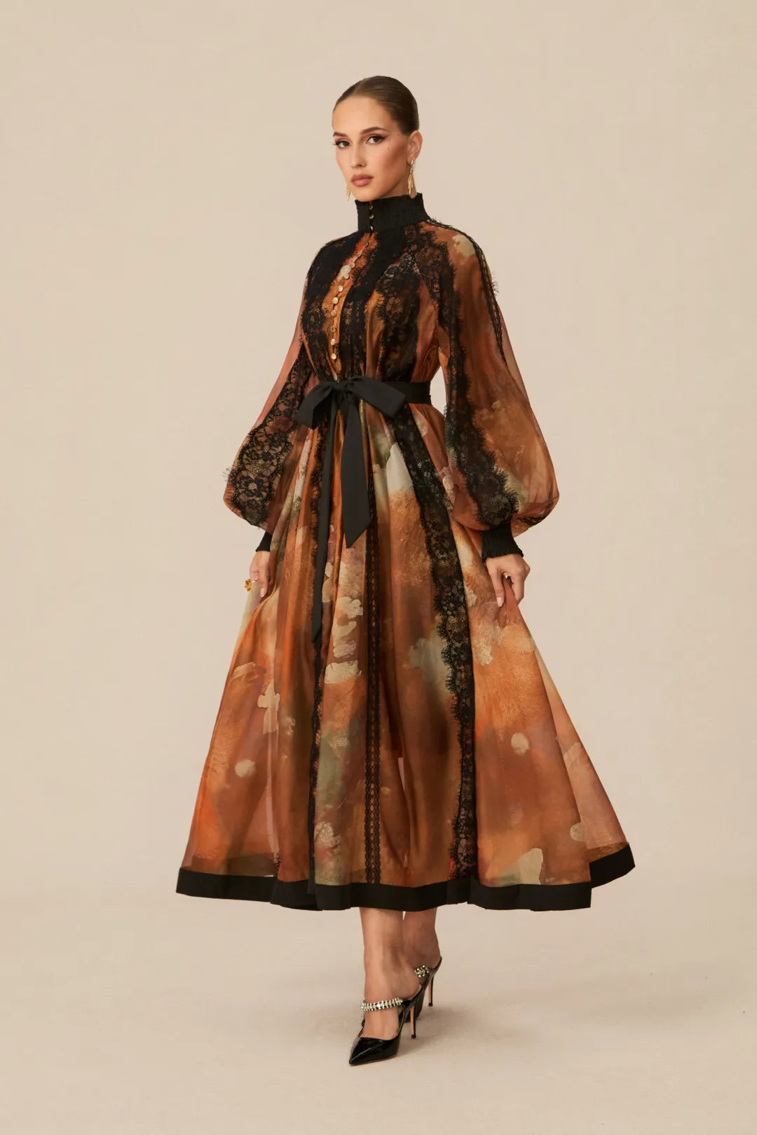 Alluring - Orange Lace-Panel Midi Dress