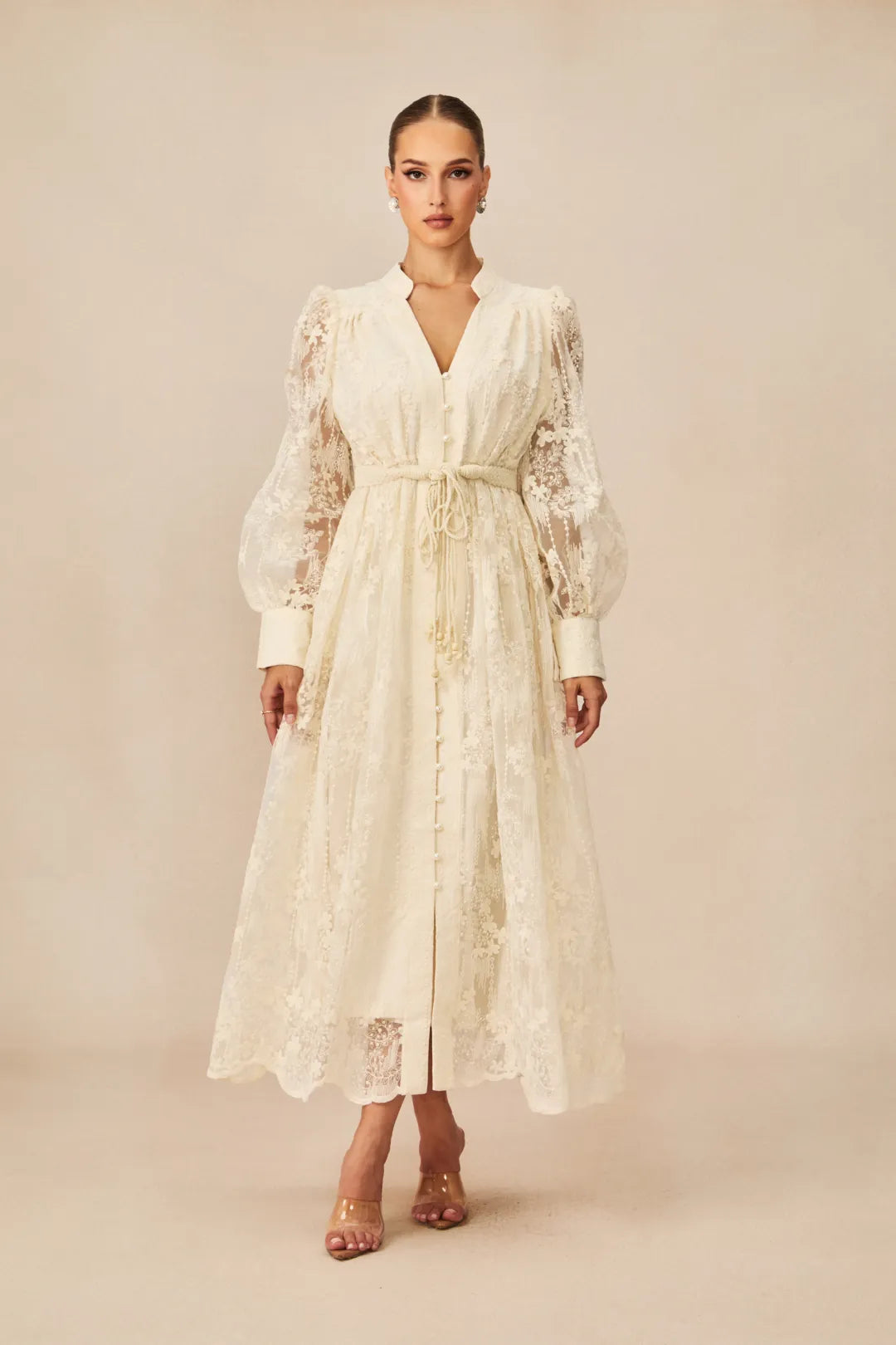 Madeline - V-Neck Lace Embroidered Midi Dress