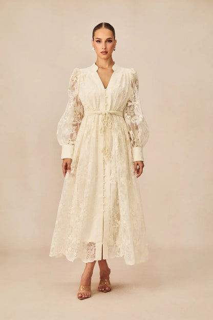 Madeline - V-Neck Lace Embroidered Midi Dress