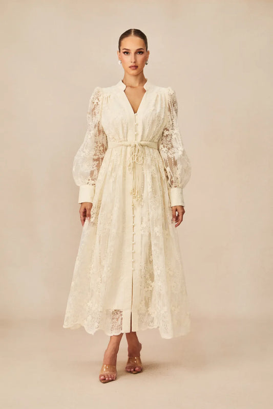 Madeline - V-Neck Lace Embroidered Midi Dress