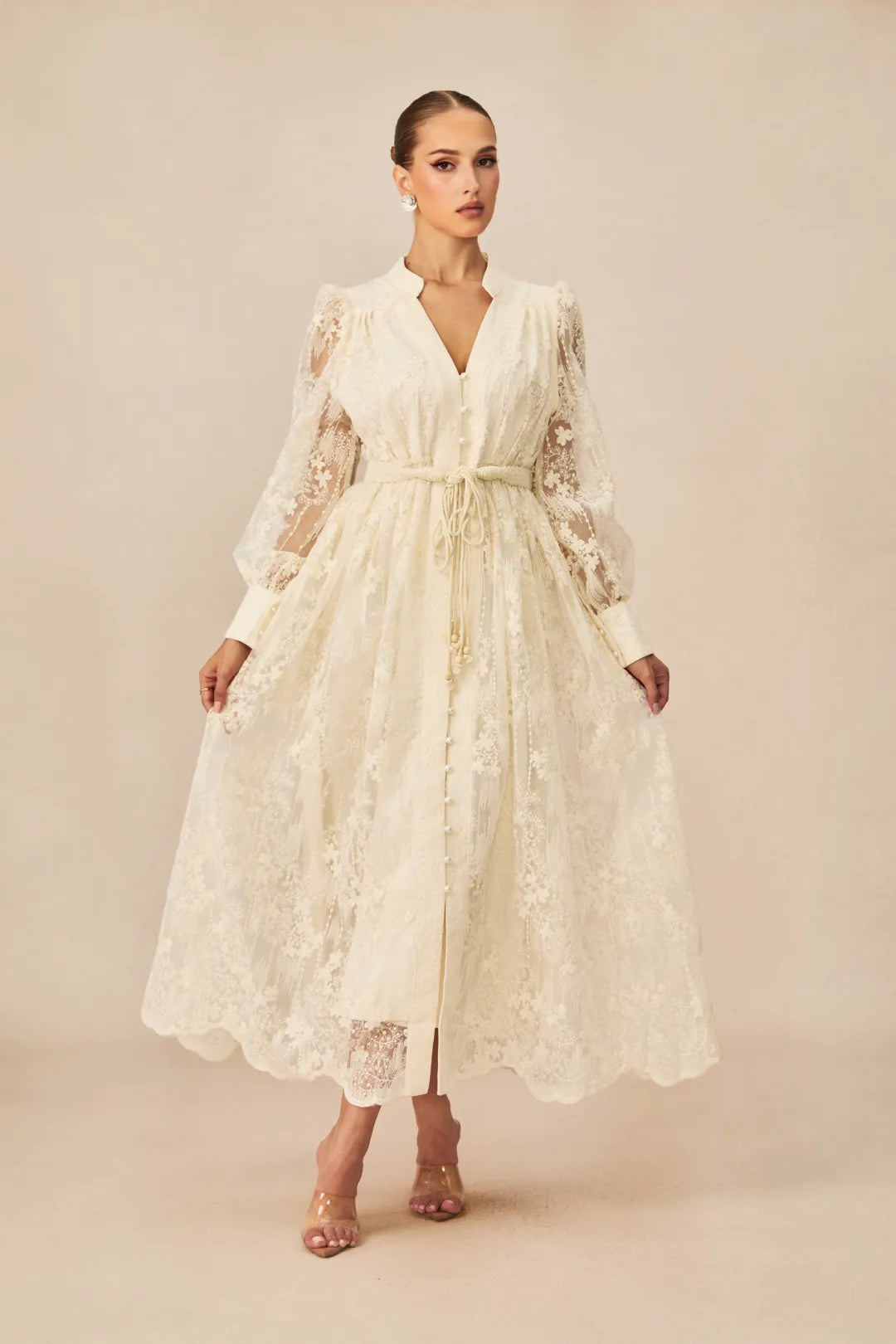 Madeline - V-Neck Lace Embroidered Midi Dress