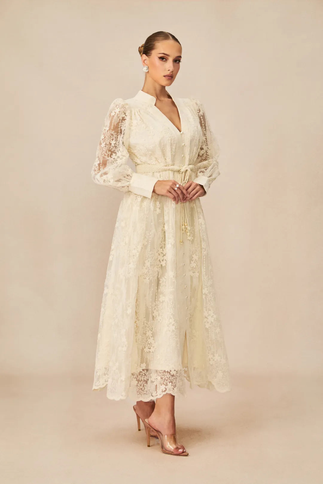 Madeline - V-Neck Lace Embroidered Midi Dress