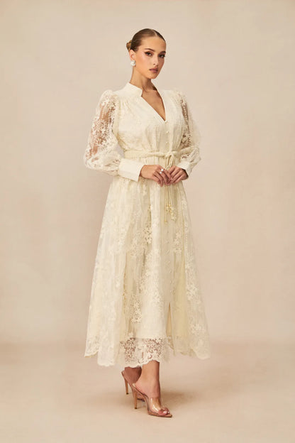 Madeline - V-Neck Lace Embroidered Midi Dress