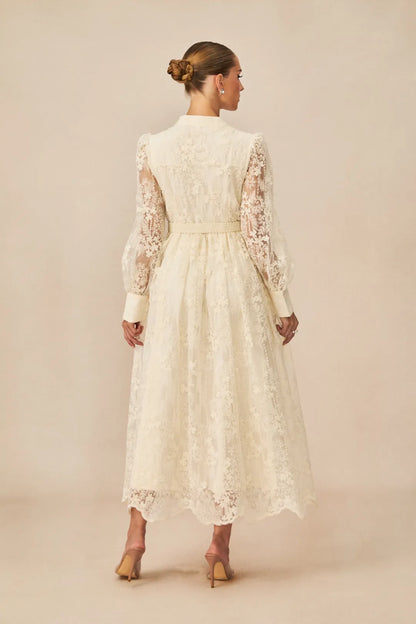 Madeline - V-Neck Lace Embroidered Midi Dress