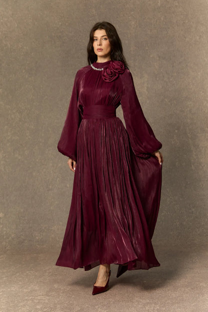 Anastasia - Pearl Collar Rosette Pleated Maxi Dress