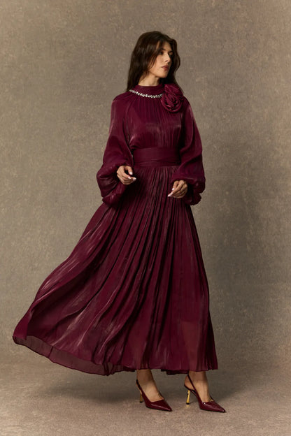Anastasia - Pearl Collar Rosette Pleated Maxi Dress