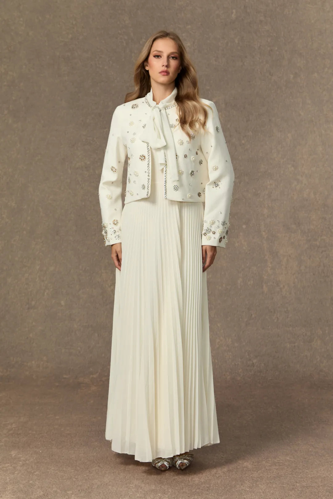 Maisson - White Embellished Jacket & Bow Pleated Dress Set