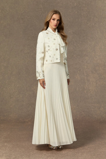 Maisson - White Embellished Jacket & Bow Pleated Dress Set