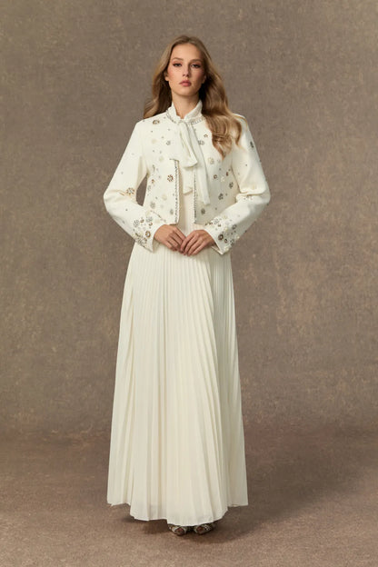 Maisson - White Embellished Jacket & Bow Pleated Dress Set