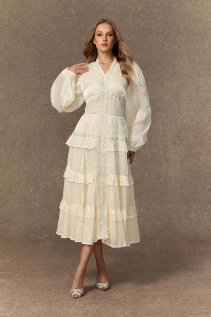 Elvine - White Ruffle V-Neck Tiered Midi Dress