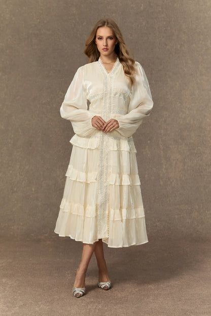 Elvine - White Ruffle V-Neck Tiered Midi Dress
