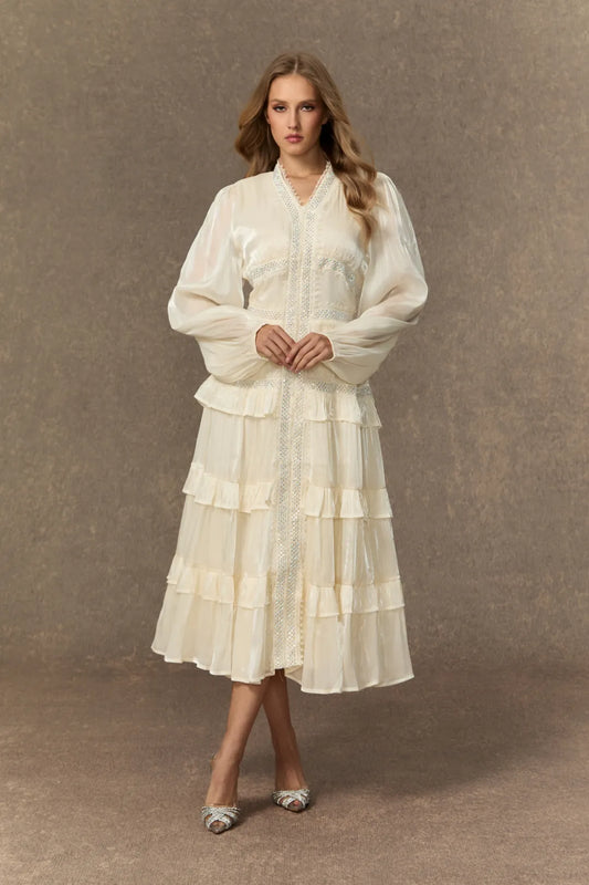 Elvine - White Ruffle V-Neck Tiered Midi Dress