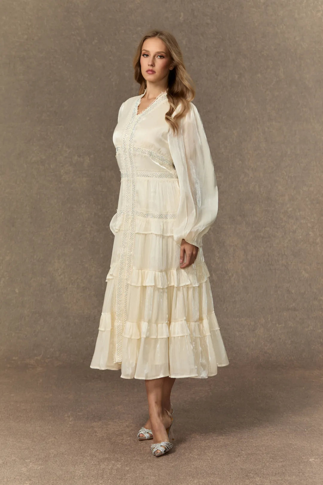 Elvine - White Ruffle V-Neck Tiered Midi Dress