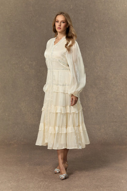 Elvine - White Ruffle V-Neck Tiered Midi Dress