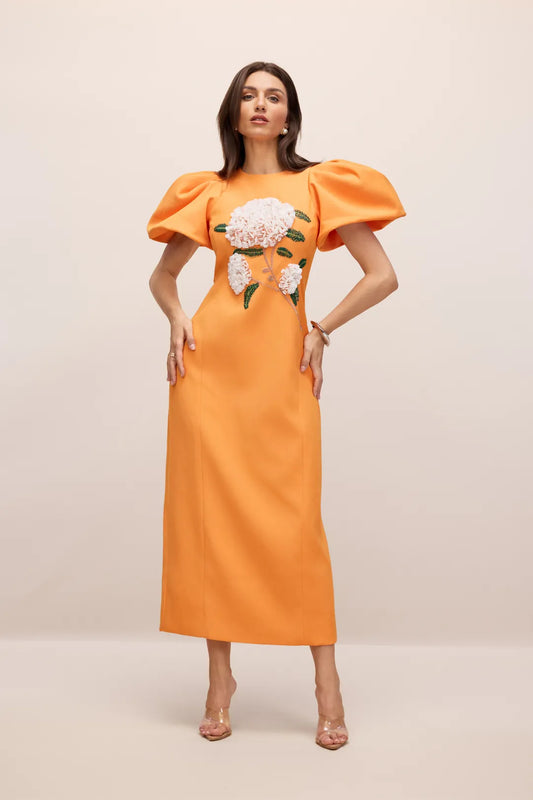 Botanica — Embroidered Floral Puff Sleeve Maxi Dress