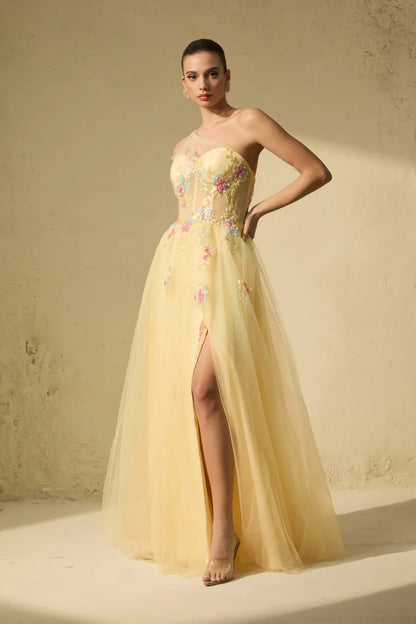 Solène — Floral Embroidered One-Shoulder Maxi Dress