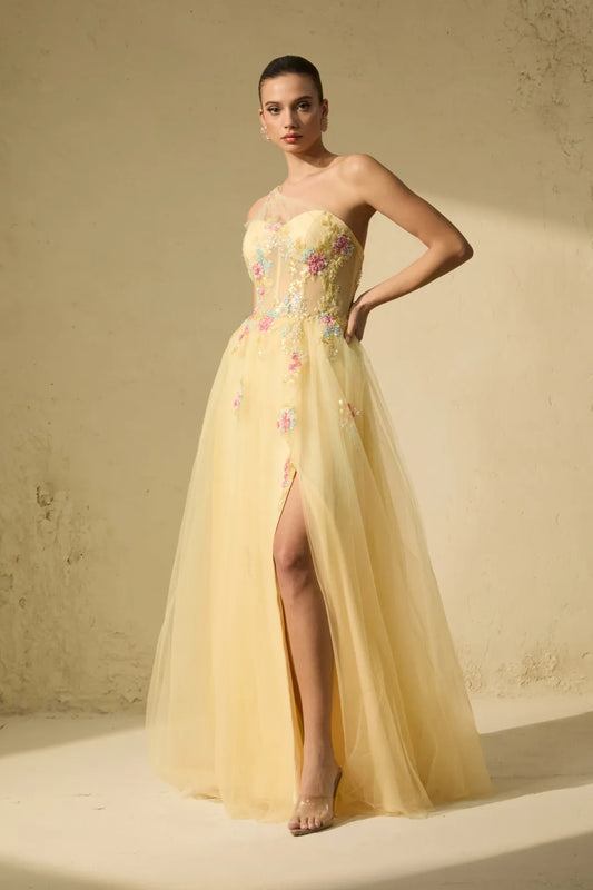 Solène — Floral Embroidered One-Shoulder Maxi Dress
