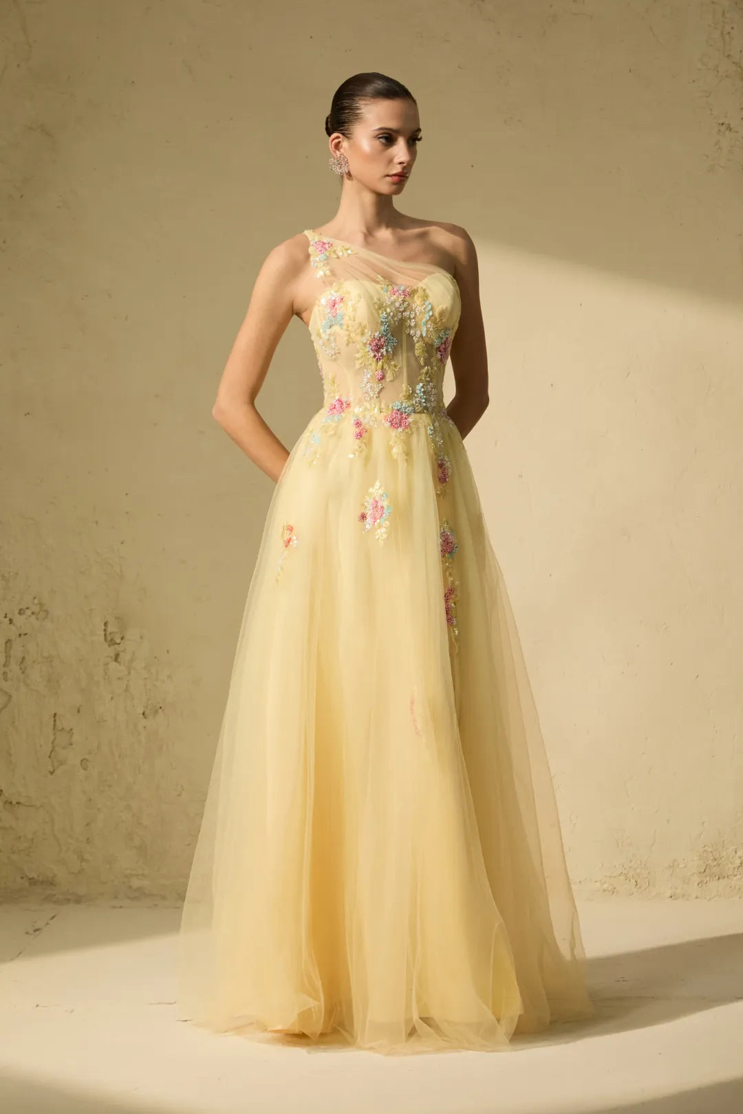 Solène — Floral Embroidered One-Shoulder Maxi Dress