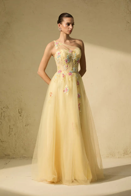 Solène — Floral Embroidered One-Shoulder Maxi Dress