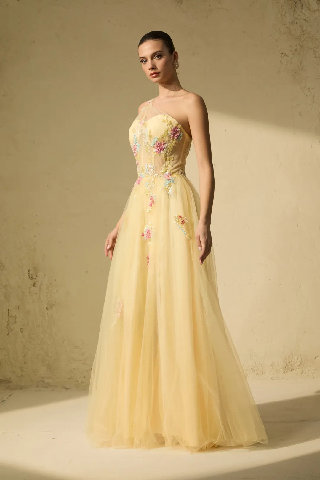 Solène — Floral Embroidered One-Shoulder Maxi Dress