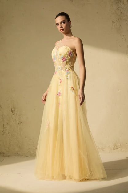 Solène — Floral Embroidered One-Shoulder Maxi Dress