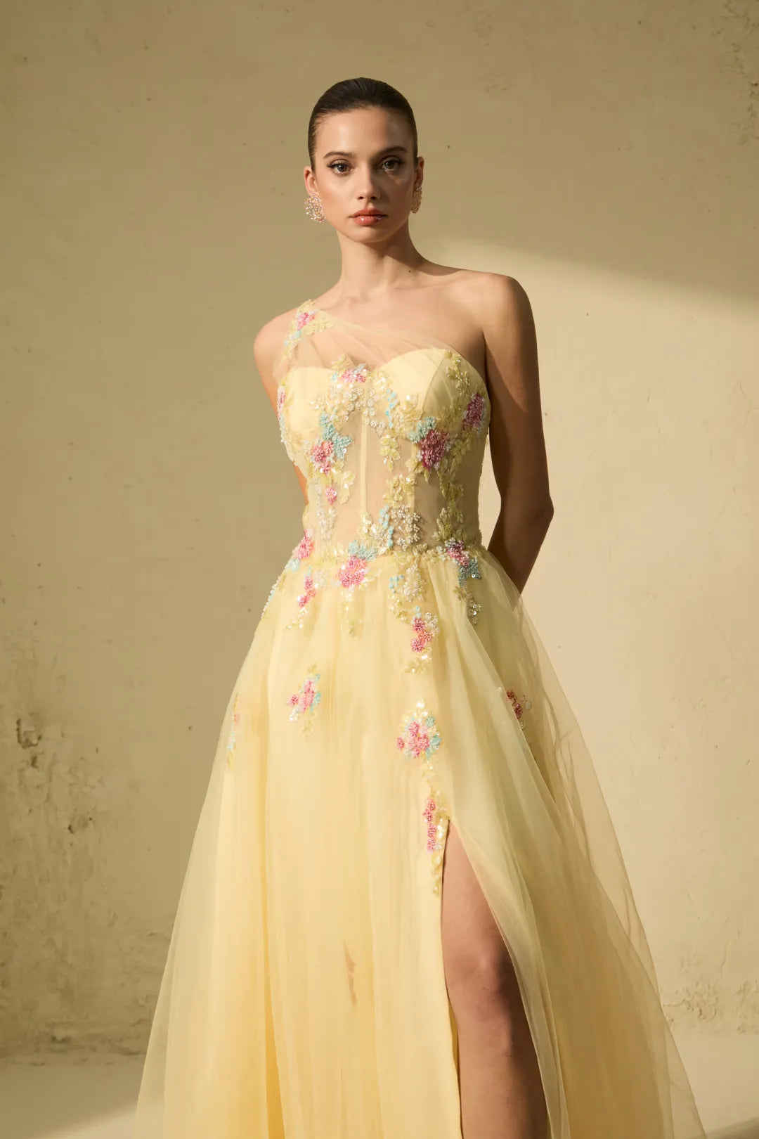Solène — Floral Embroidered One-Shoulder Maxi Dress