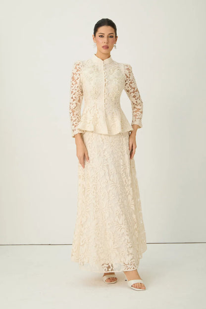 Veilène — Floral Lace Sheer Sleeve Top & Skirt Set