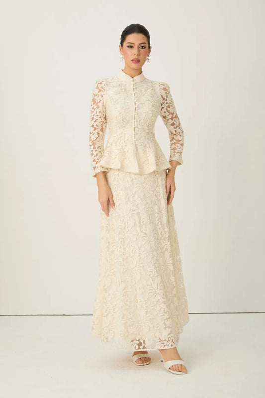 Veilène — Floral Lace Sheer Sleeve Top & Skirt Set