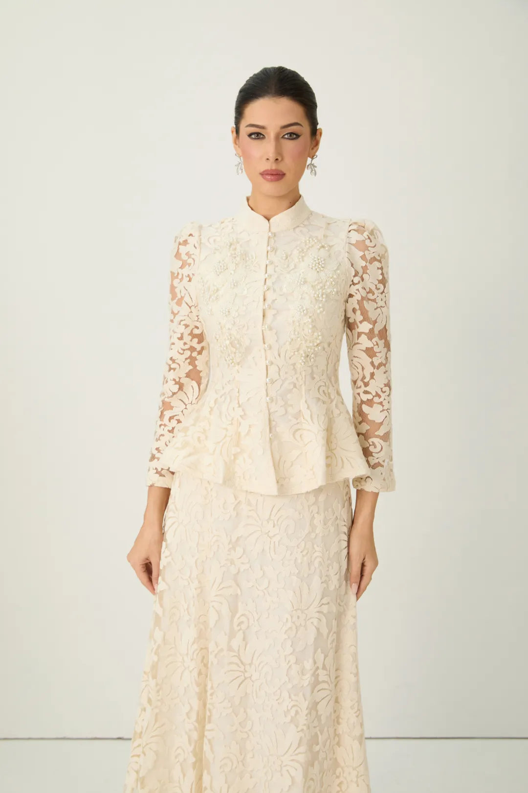 Veilène — Floral Lace Sheer Sleeve Top & Skirt Set