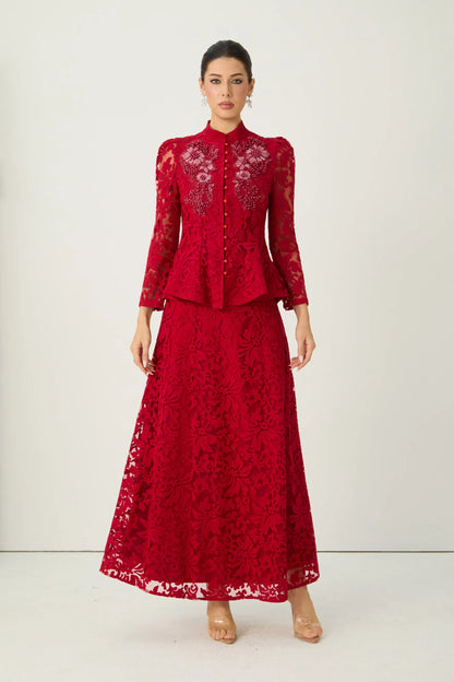 Veilène — Floral Lace Sheer Sleeve Top & Skirt Set