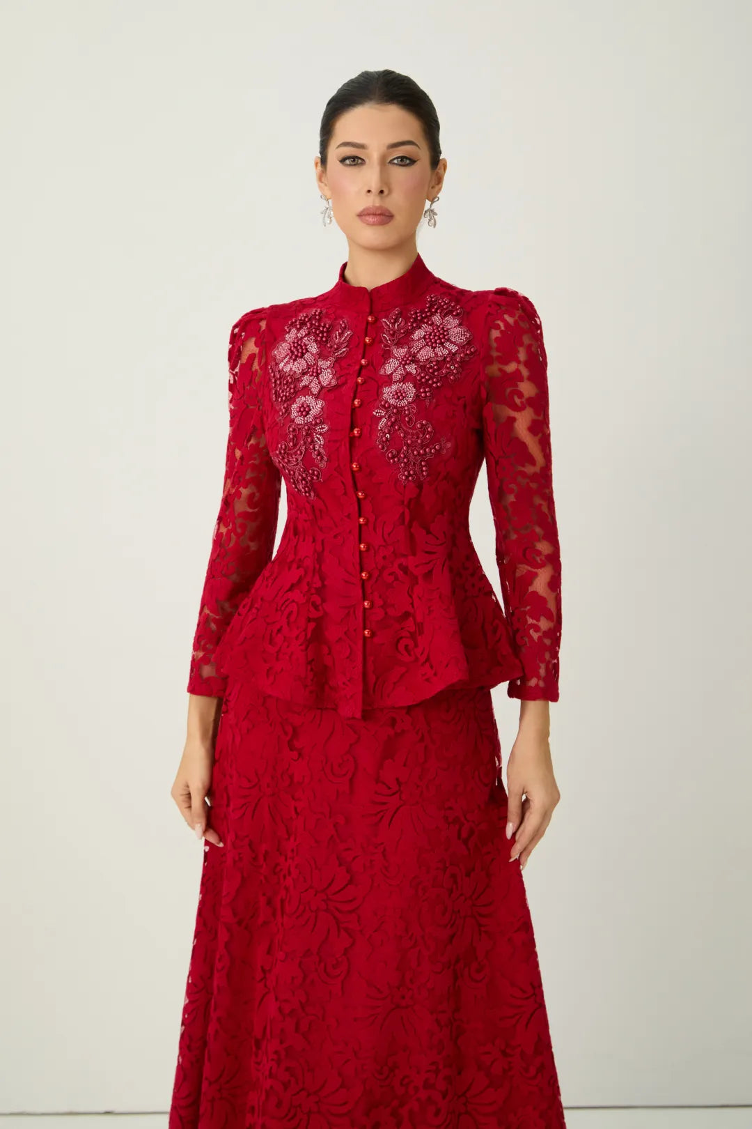 Veilène — Floral Lace Sheer Sleeve Top & Skirt Set