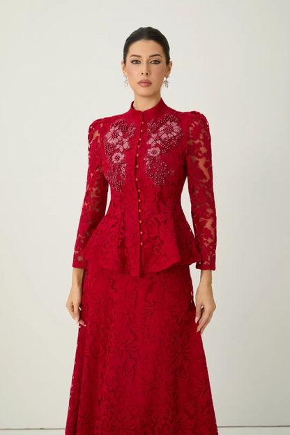 Veilène — Floral Lace Sheer Sleeve Top & Skirt Set