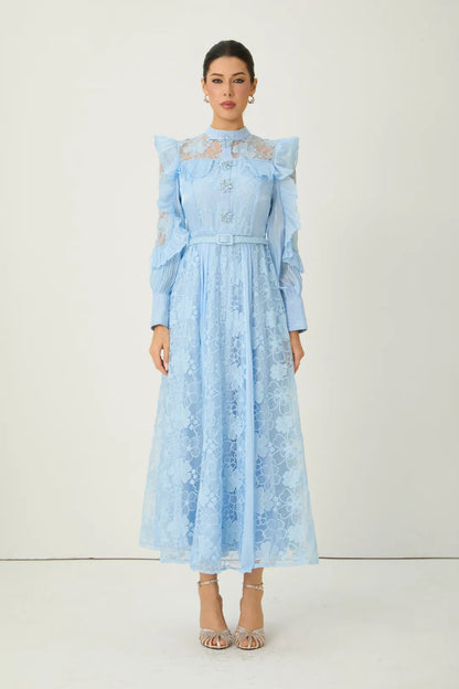 Florélle — Blue Floral Embroidered Ruffle Maxi Dress