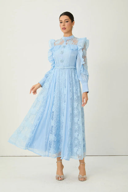 Florélle — Blue Floral Embroidered Ruffle Maxi Dress