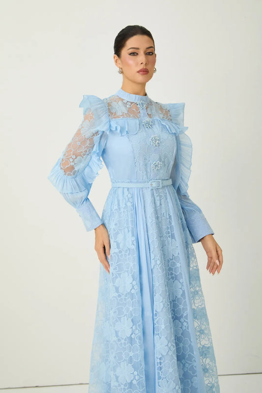 Florélle — Blue Floral Embroidered Ruffle Maxi Dress