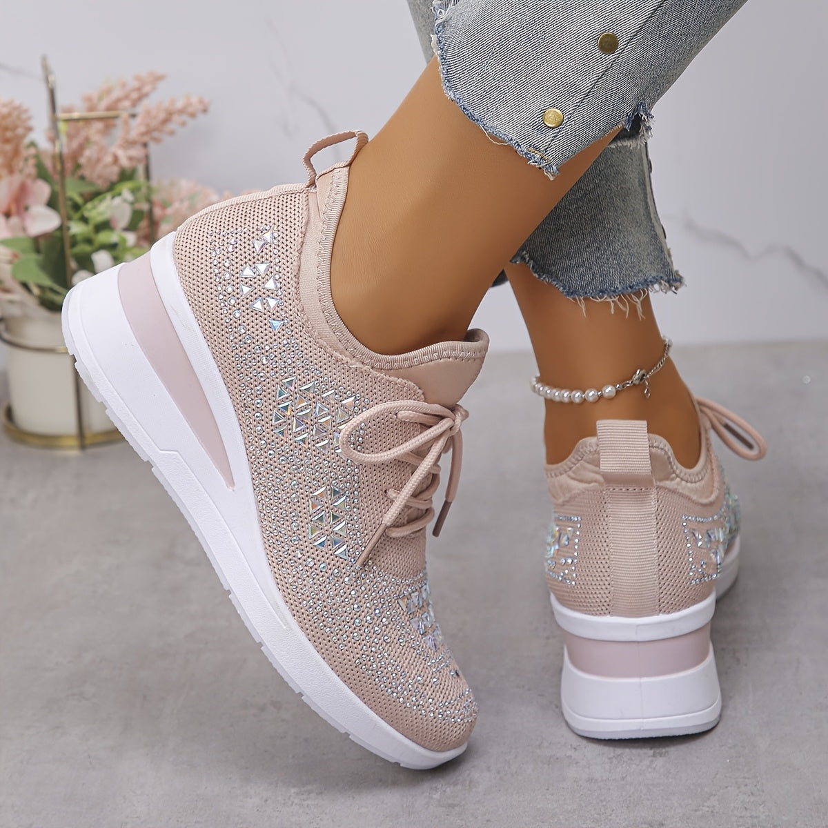 Women's casual, fashionable, breathable, sneakers adorned with crystals