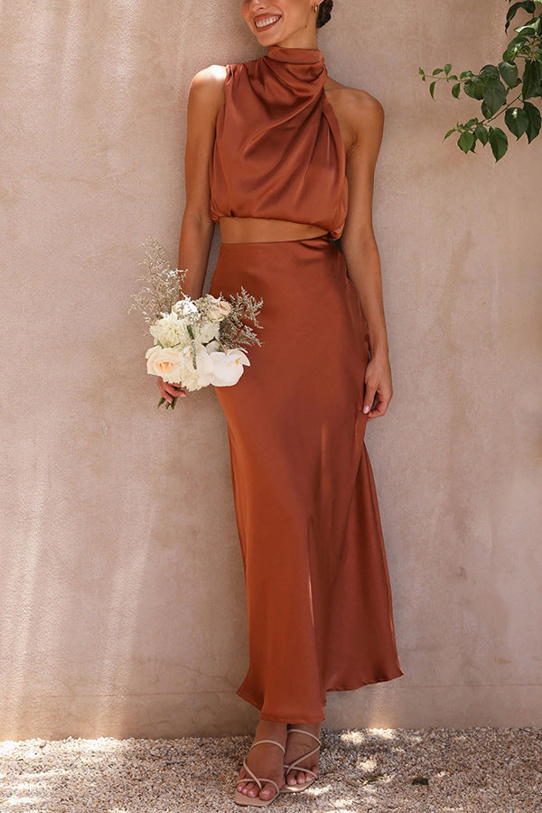 Estefanía — Draped Halter Satin Top & Skirt Set