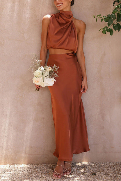 Estefanía — Draped Halter Satin Top & Skirt Set