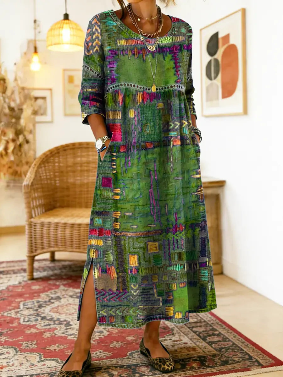 Folklén — Cotton Ethnic Print Lace-Trim Maxi Dress