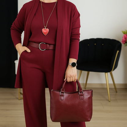 Ellorie — 3-Piece Long Cardigan, Top & Wide-Leg Trouser Set