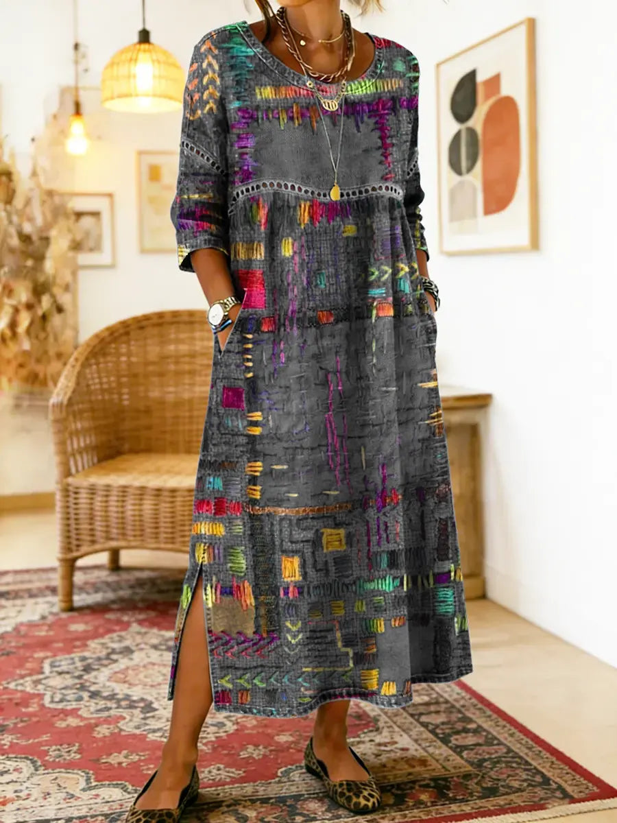Folklén — Cotton Ethnic Print Lace-Trim Maxi Dress
