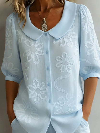 Florennzie — Embroidered Floral Stand-Collar Blouse
