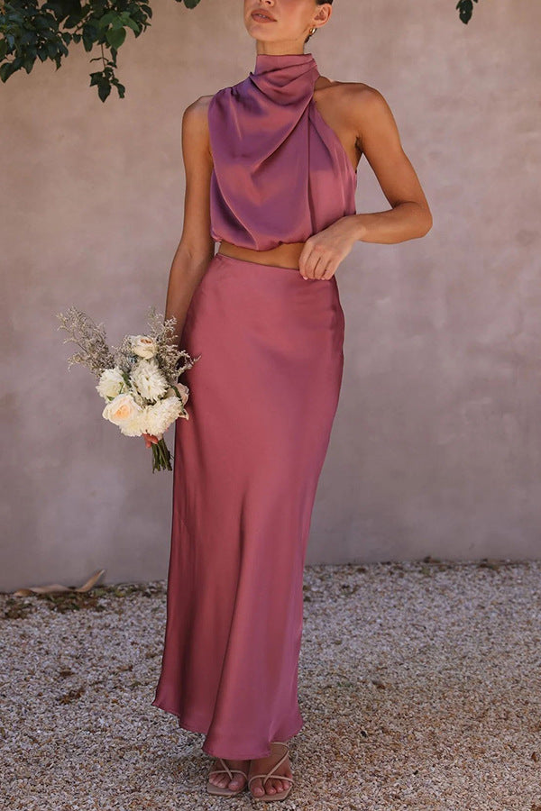 Estefanía — Draped Halter Satin Top & Skirt Set