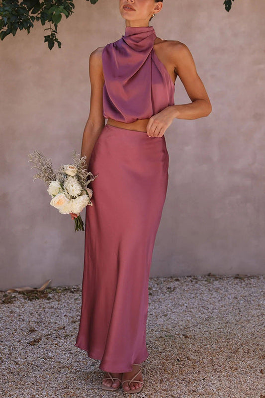 Estefanía — Draped Halter Satin Top & Skirt Set