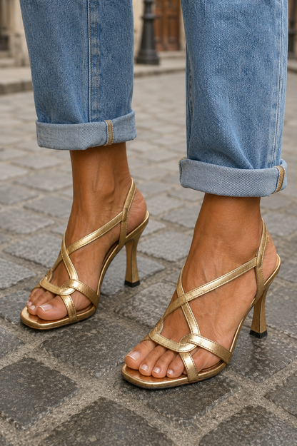 Valeria — Gold Crossover Straps Heeled Sandals