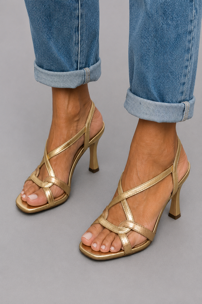 Valeria — Gold Crossover Straps Heeled Sandals