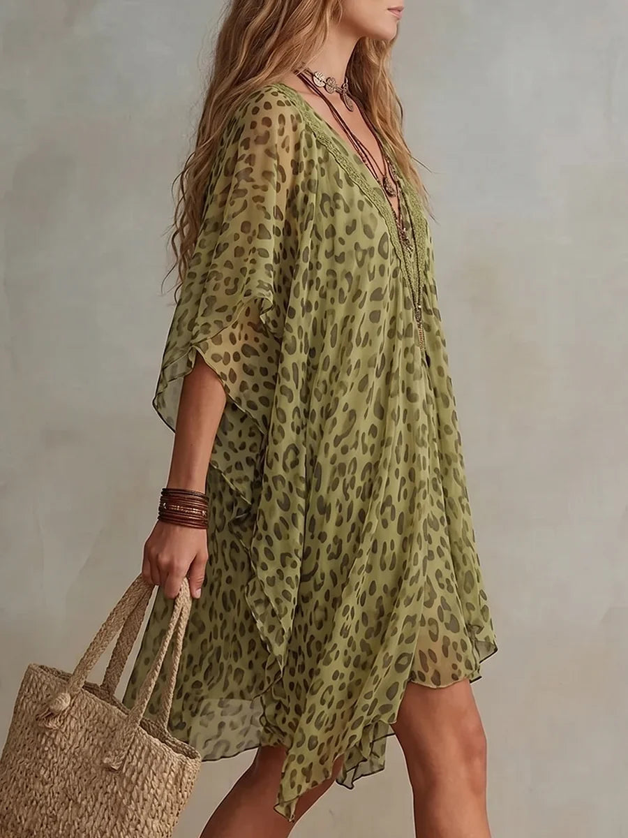 Bianca — Chiffon Kaftan Dress with Leopard Print